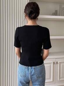 DAZY Chất rắn Nút phía trước Đồ đan Ribbed Áo - màu đen - Xem 2