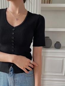 DAZY Chất rắn Nút phía trước Đồ đan Ribbed Áo - màu đen - Xem 4