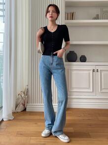 DAZY Chất rắn Nút phía trước Đồ đan Ribbed Áo - màu đen - Xem 6