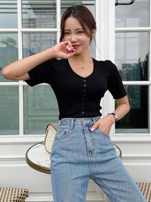 DAZY Chất rắn Nút phía trước Đồ đan Ribbed Áo - màu đen - Xem 7