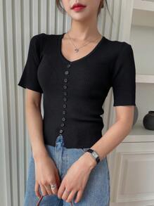 DAZY Chất rắn Nút phía trước Đồ đan Ribbed Áo - màu đen - Xem 1