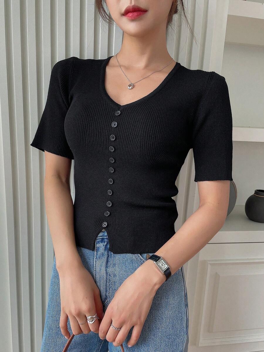 DAZY Chất rắn Nút phía trước Đồ đan Ribbed Áo - màu đen - Xem 1