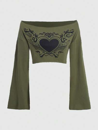 Fairycore Crop T-Shirt mit Herzen Muster,