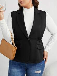 Calvaya Plus Lapel Neck Single Button Vest Blazer - Black - View 2