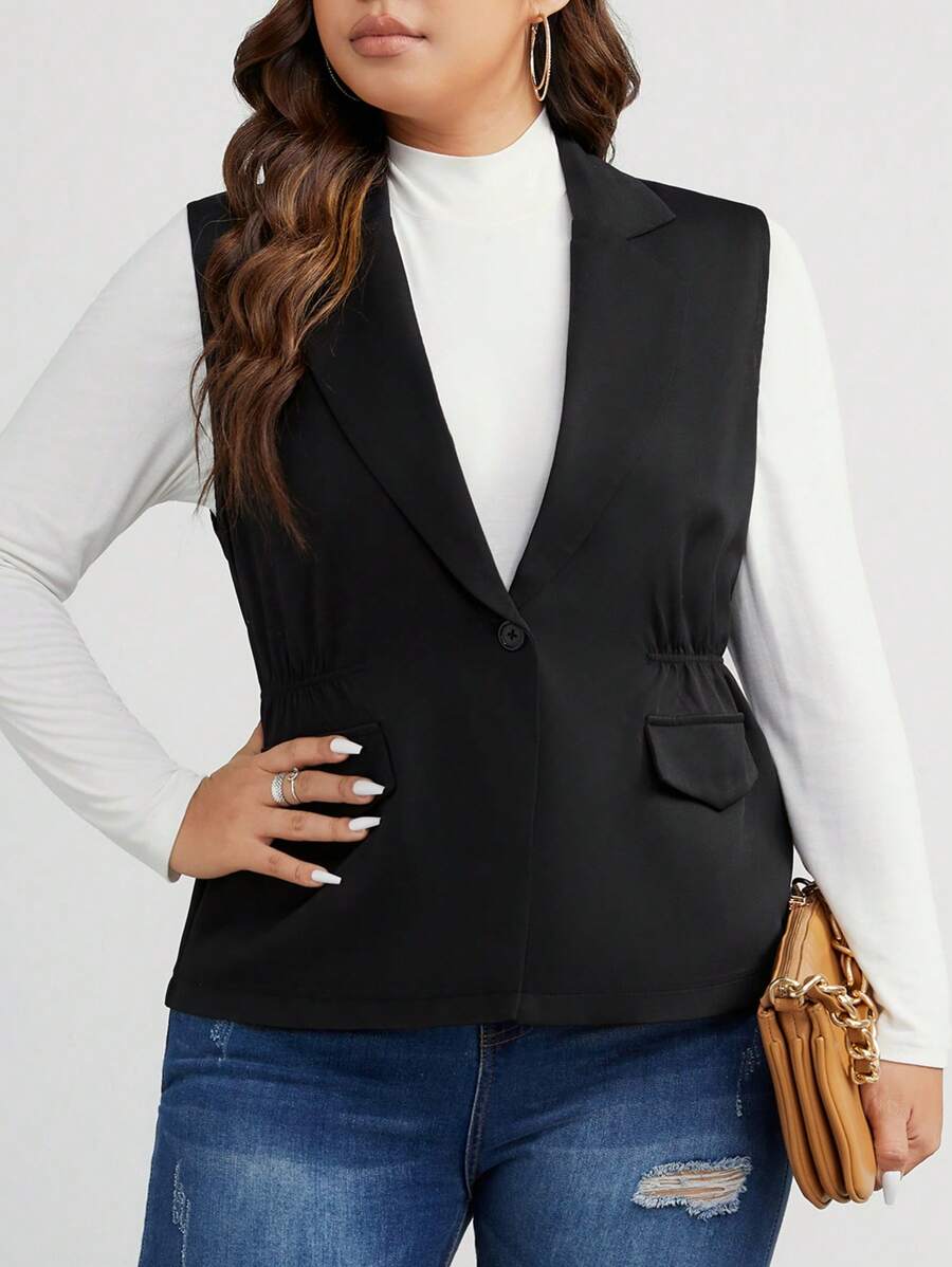 Calvaya Plus Lapel Neck Single Button Vest Blazer - Black - View 1
