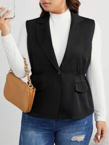 Calvaya Plus Lapel Neck Single Button Vest Blazer - Black - View 5