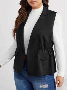 Calvaya Plus Lapel Neck Single Button Vest Blazer - Black - View 6