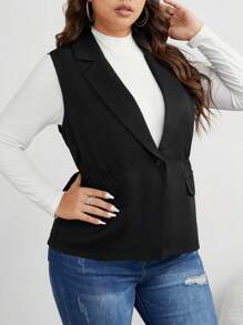 Calvaya Plus Lapel Neck Single Button Vest Blazer - Black - View 7