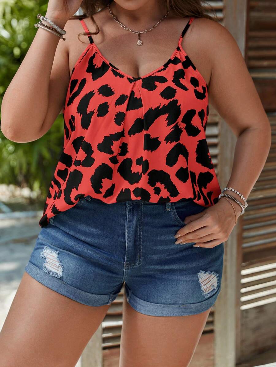 SHEIN LUNE Plus Leopard Print Cami Top - Red - View 1