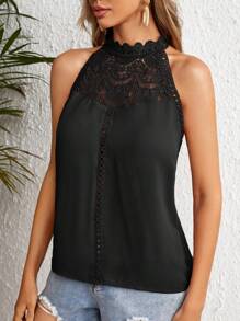 SHEIN Clasi 休閒鈕扣 蕾絲拼接純色女士襯衫 - 黑色 - 查看 3