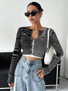 DAZY Space Dye Button Front Crop Cardigan - Black - View 1