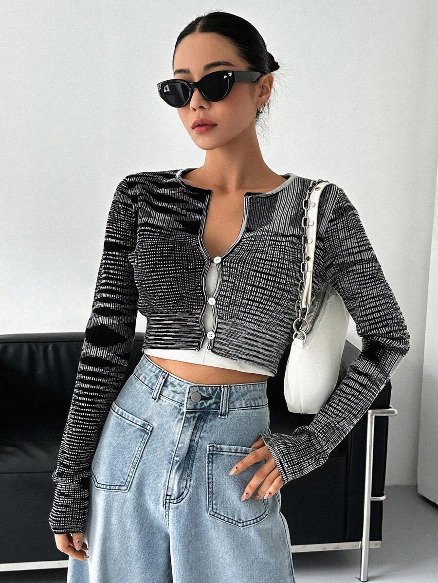 DAZY Space Dye Button Front Crop Cardigan - Black - View 1