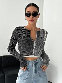 DAZY Space Dye Button Front Crop Cardigan - Black - View 4