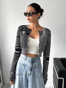 DAZY Space Dye Button Front Crop Cardigan - Black - View 8