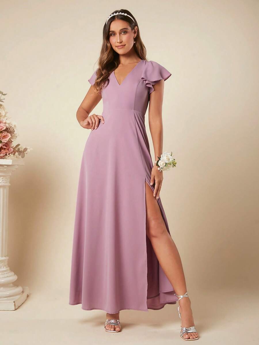 SHEIN Belle Butterfly Sleeve Split Thigh Bridesmaid Dress - Dusty Pink - View 1