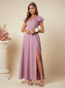 SHEIN Belle Butterfly Sleeve Split Thigh Bridesmaid Dress - Dusty Pink - View 3