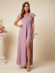 SHEIN Belle Butterfly Sleeve Split Thigh Bridesmaid Dress - Dusty Pink - View 4