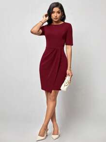 SHEIN Clasi Vestido ajustado unicolor bajo cruzado - Burdeos - Ver 3