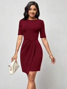 SHEIN Clasi Vestido ajustado unicolor bajo cruzado - Burdeos - Ver 4