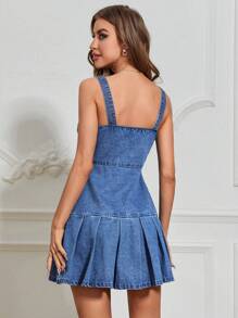 SHEIN Privé Vestido mezclilla con botón delantero bajo con fruncido - Azul lavado medio - Ver 2