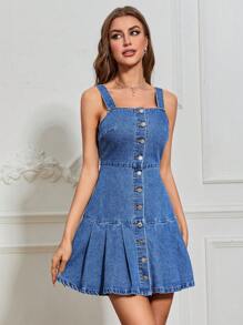 SHEIN Privé Vestido mezclilla con botón delantero bajo con fruncido - Azul lavado medio - Ver 5