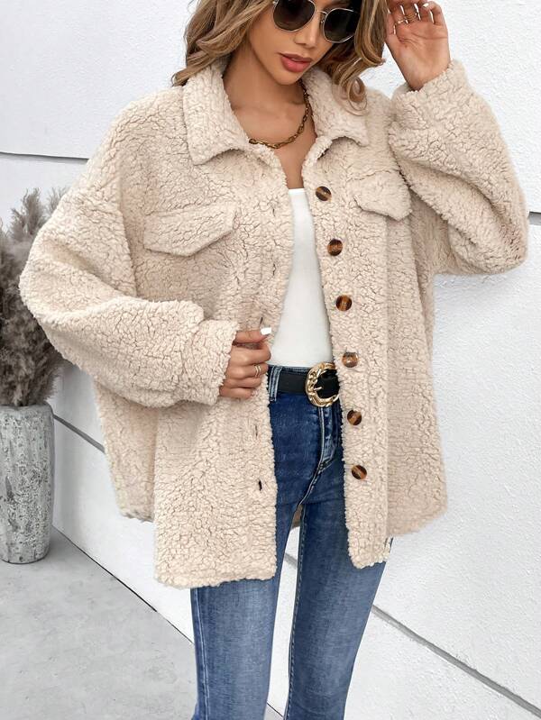 SHEIN Frenchy Women's Solid Color Turndown Collar Long Sleeve Single-Breasted Casual Long Jacket, Autumn/Winter  Black Homecoming   Women Clothing  Fall Women Jackets  Flannel Jacket  Women Jackets Winter Women Coat Women Shacket  Teddy Coat