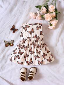 SHEIN Baby Girl Butterfly Print Dress - Apricot - View 2