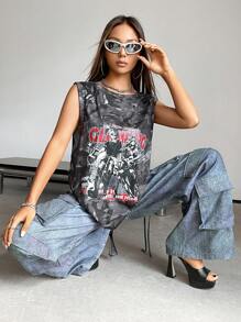 SHEIN X Danna Paola SHEIN ICON Top tank con estampado de figura y slogan