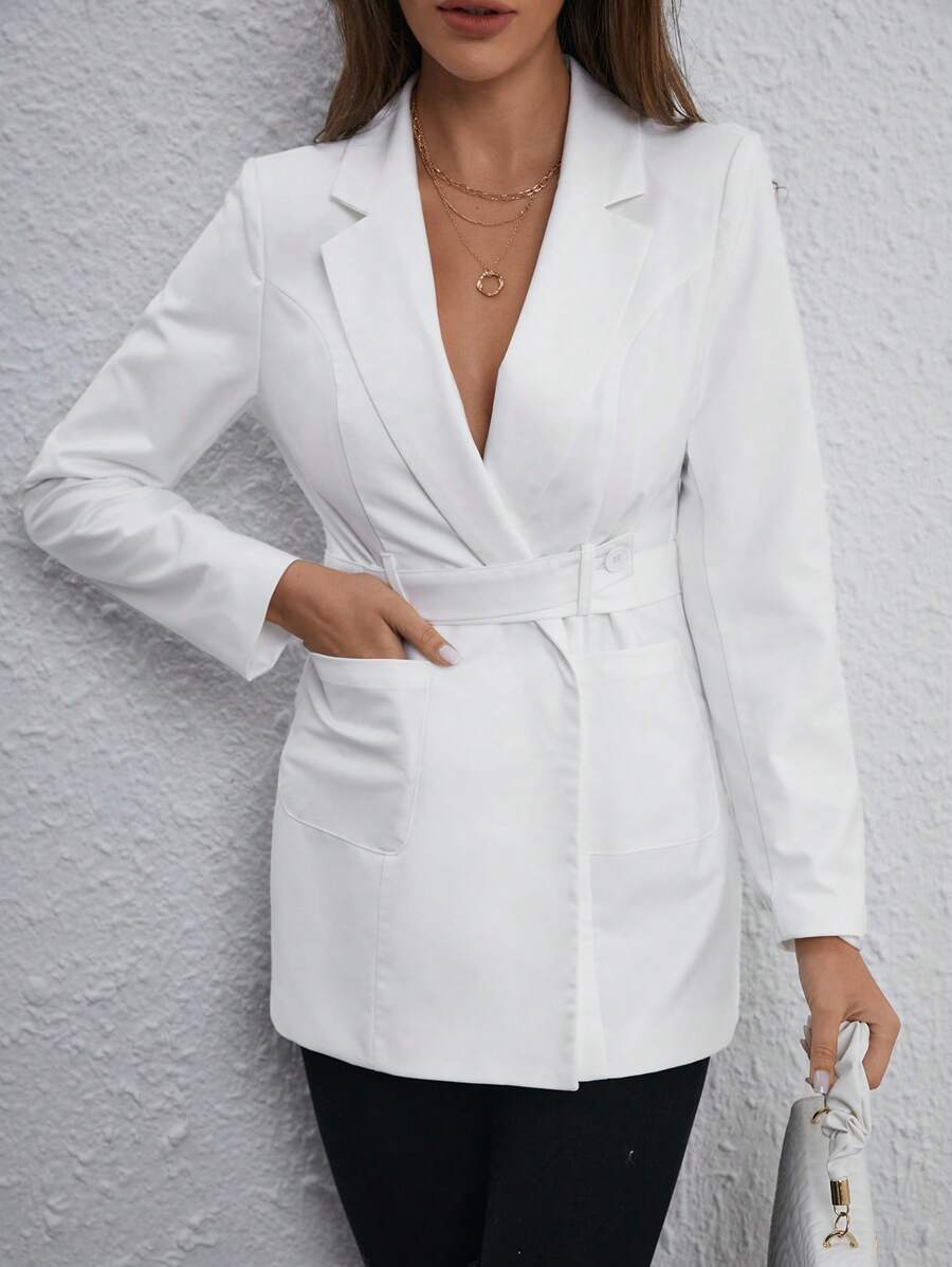 SHEIN Privé Lapel Neck Belted Blazer - White - View 1