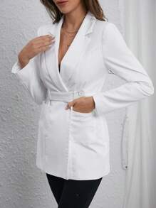 SHEIN Privé Lapel Neck Belted Blazer - White - View 5