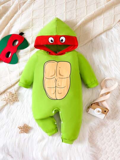 SHEIN 女嬰卡通圖案拼接邊連帽連身褲