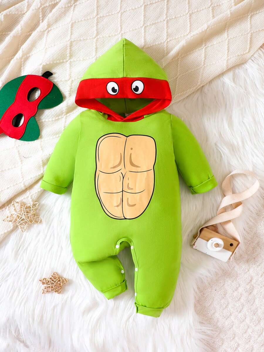 SHEIN 女嬰卡通圖案拼接邊連帽連身褲