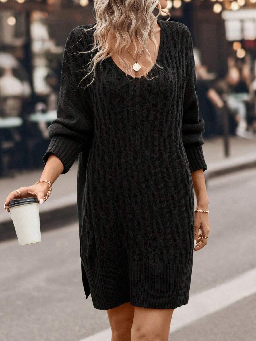 SHEIN Clasi Cable Knit Drop Shoulder Split Hem Sweater Dress Without Belt - Black - View 1