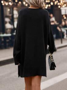 SHEIN Clasi Cable Knit Drop Shoulder Split Hem Sweater Dress Without Belt - Black - View 2