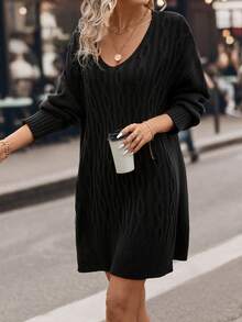SHEIN Clasi Cable Knit Drop Shoulder Split Hem Sweater Dress Without Belt - Black - View 5
