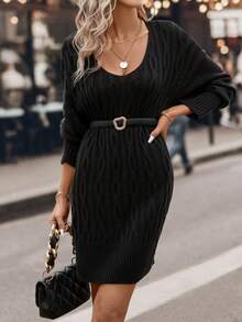 SHEIN Clasi Cable Knit Drop Shoulder Split Hem Sweater Dress Without Belt - Black - View 6