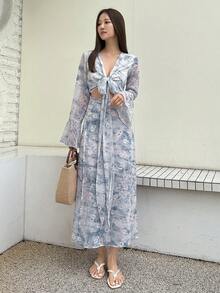 DAZY Allover Print Tie Front Flare Sleeve Dress - Multicolor - View 6