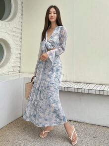 DAZY Allover Print Tie Front Flare Sleeve Dress - Multicolor - View 7
