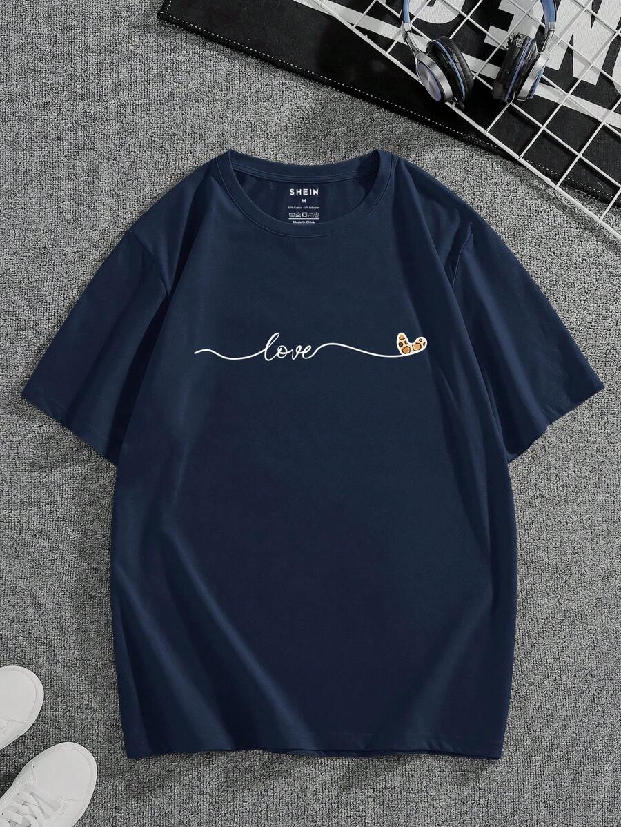 Hombres Camiseta con estampado de letra - Azul Marino - Ver 1