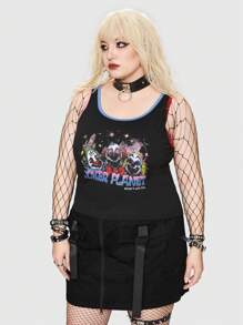 ROMWE Grunge Punk Plus Letter Graphic Ringer Tank Top - Black - View 4