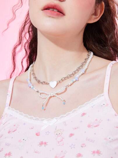 Kawaii قلادة موضة حديد سبيكة زخرفة قلب ازرار لؤلؤ للنساء الزخرفة اليومية 2 قطع