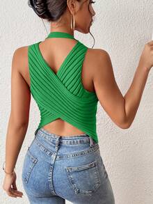 Chiquease 交叉露背條紋針織上衣 - 綠色 - 查看 4