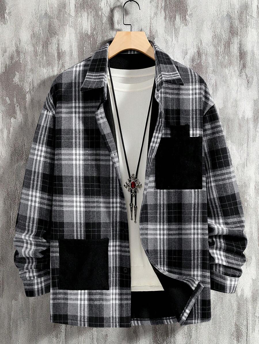 Manfinity Homme Men Plaid Print Pocket Patched Shirt Without Tee