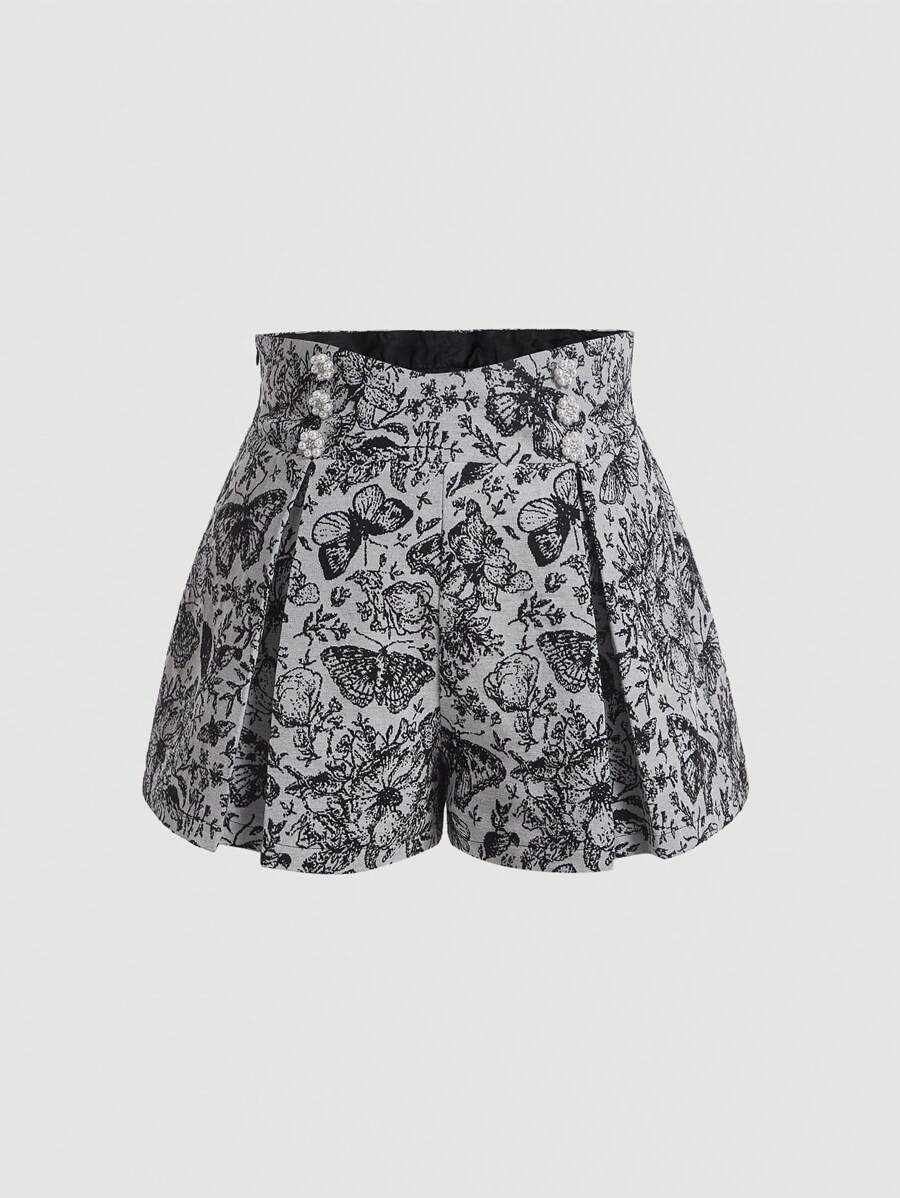 SHEIN MOD Plus Floral & Butterfly Print Fold Pleated Shorts