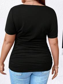 EMERY ROSE Plus Solid Ruched Side Tee - Black - View 2