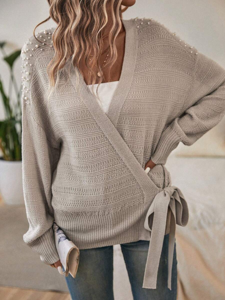 SHEIN LUNE Cárdigan con cuenta de perla de hombros caídos con nudo lateral cruzado - Caqui - Ver 1