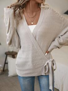 SHEIN LUNE Cárdigan con cuenta de perla de hombros caídos con nudo lateral cruzado - Caqui - Ver 5