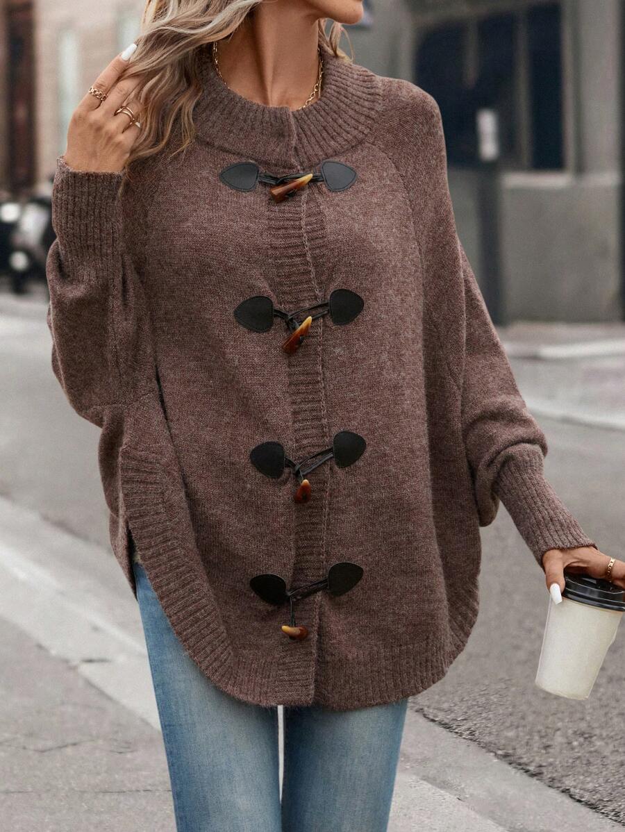 SHEIN LUNE Tay Raglan Viền không đối xứng Áo len Mở - Cà phê nâu - Xem 1