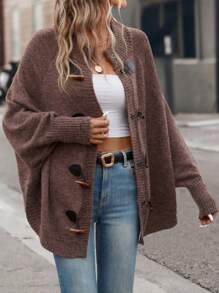 SHEIN LUNE Tay Raglan Viền không đối xứng Áo len Mở - Cà phê nâu - Xem 5