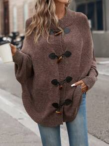 SHEIN LUNE Tay Raglan Viền không đối xứng Áo len Mở - Cà phê nâu - Xem 6